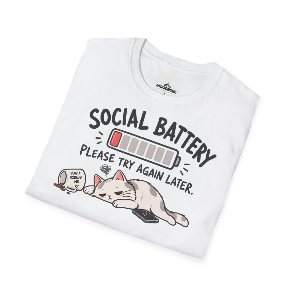 T-Shirt - "Social Battery: Please Try Again Later" Cute Cat Low Energy Graphic Tee